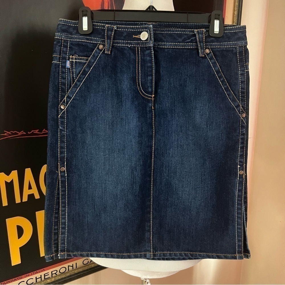 fcuk jeans: Exposed Stitching Dark Denim Jean Skirt  With Functioning Pockets